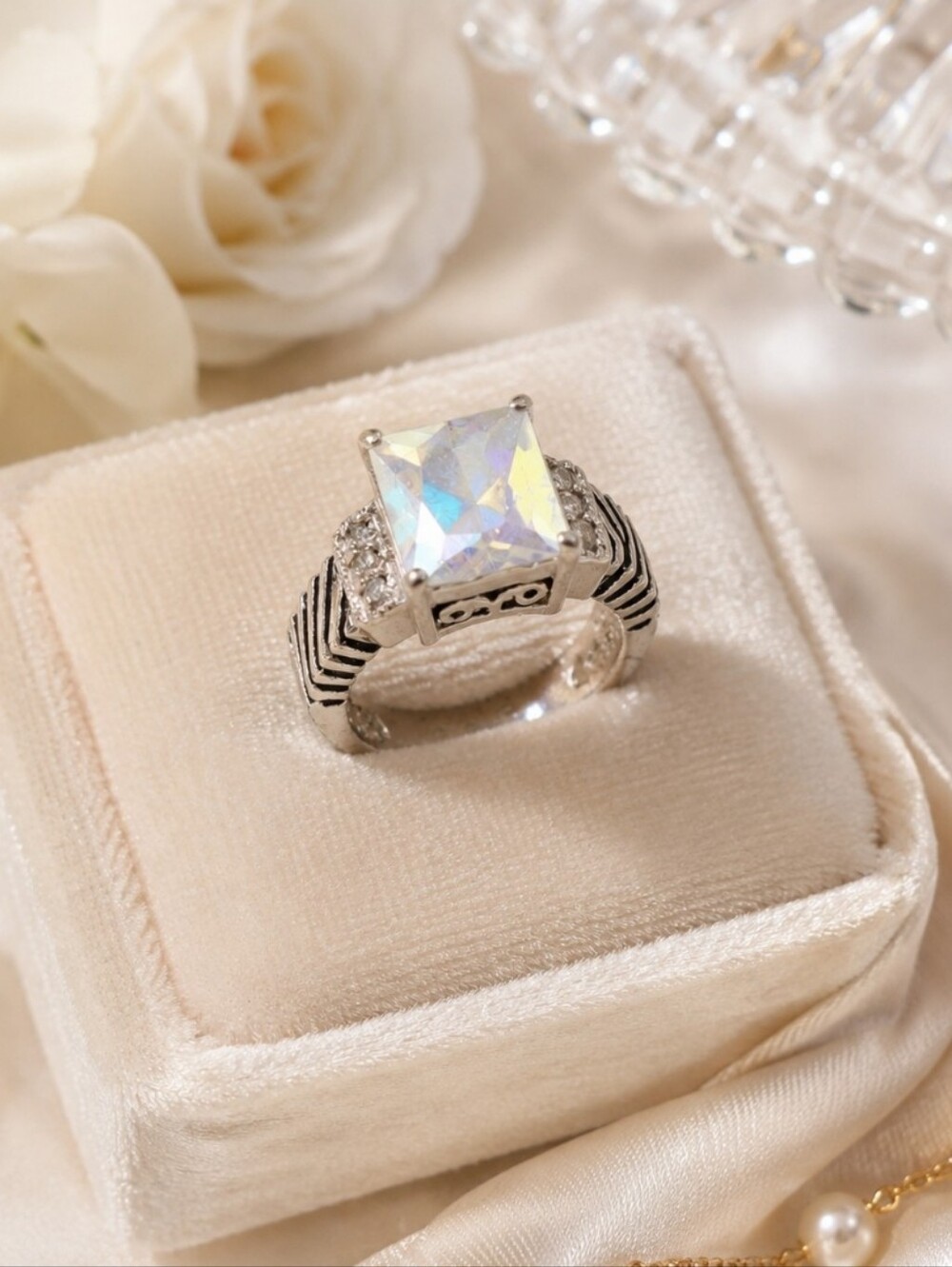 Silver Tone Statement Ring with Large Square Iridescent Crystal – Vintage Style